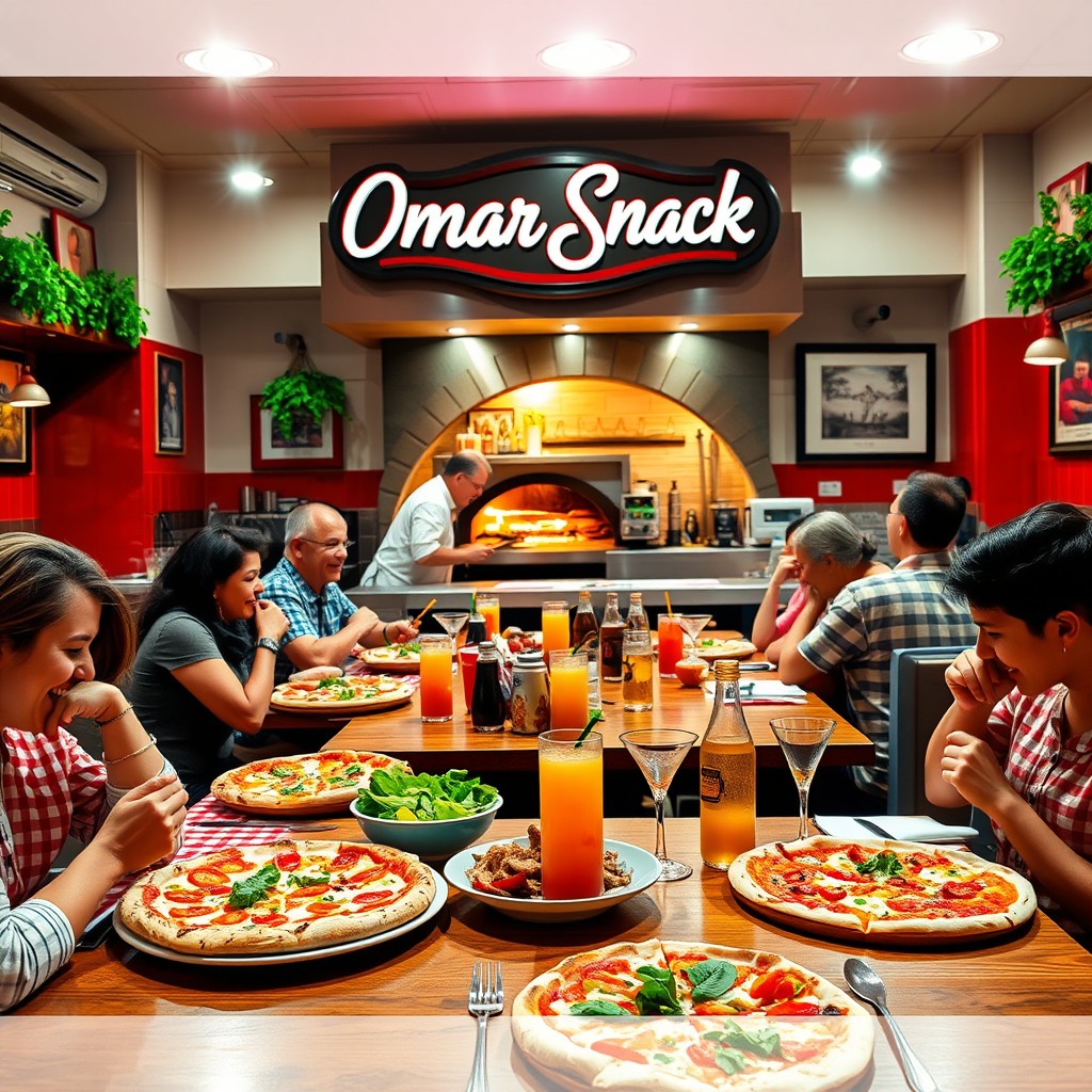 A vibrant and inviting scene of a bustling pizza restaurant named 'Omar Snack'