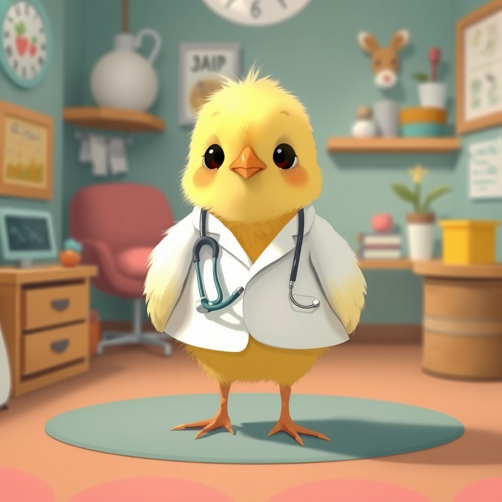 A delightful scene of a small chick dressed as a doctor, complete with a tiny white lab coat and a stethoscope around its neck