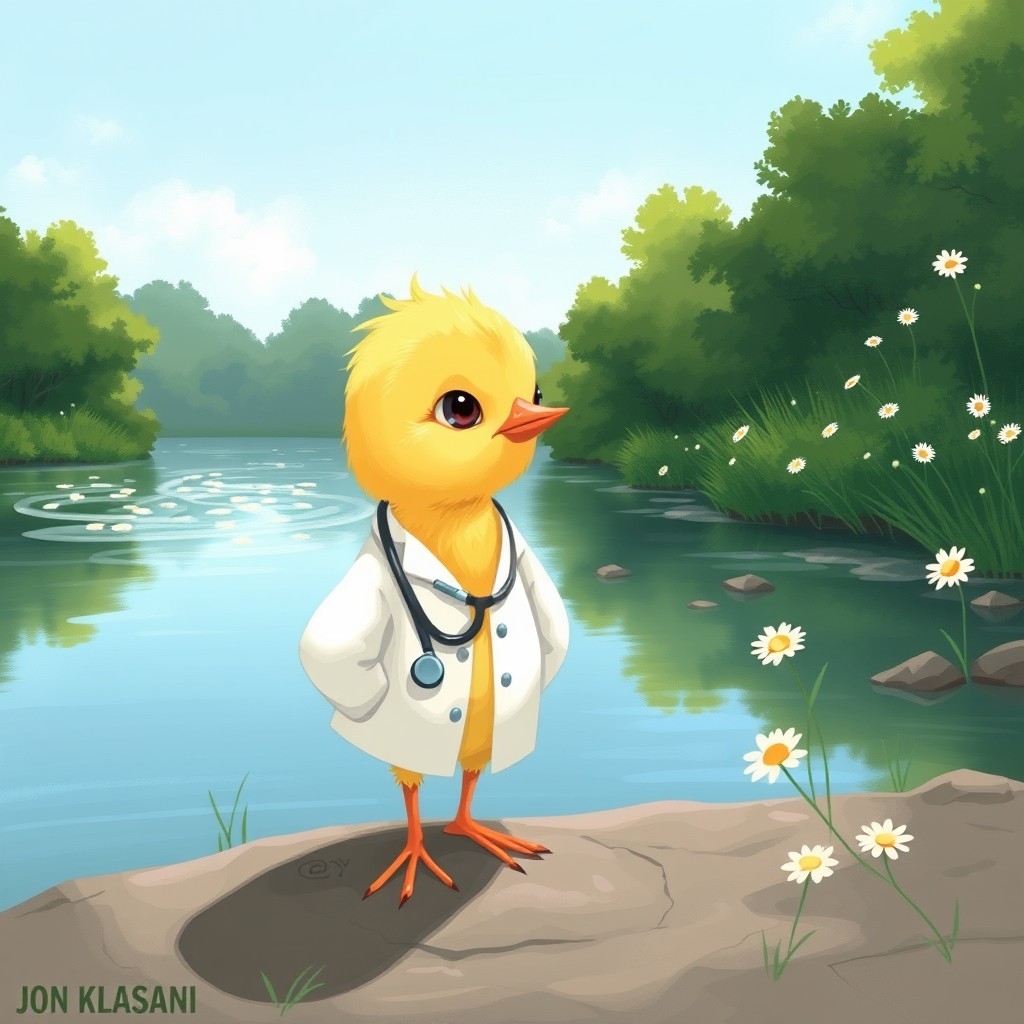 By a serene riverbank, a small chick dressed as a doctor stands confidently, wearing a tiny white lab coat and a stethoscope around its neck