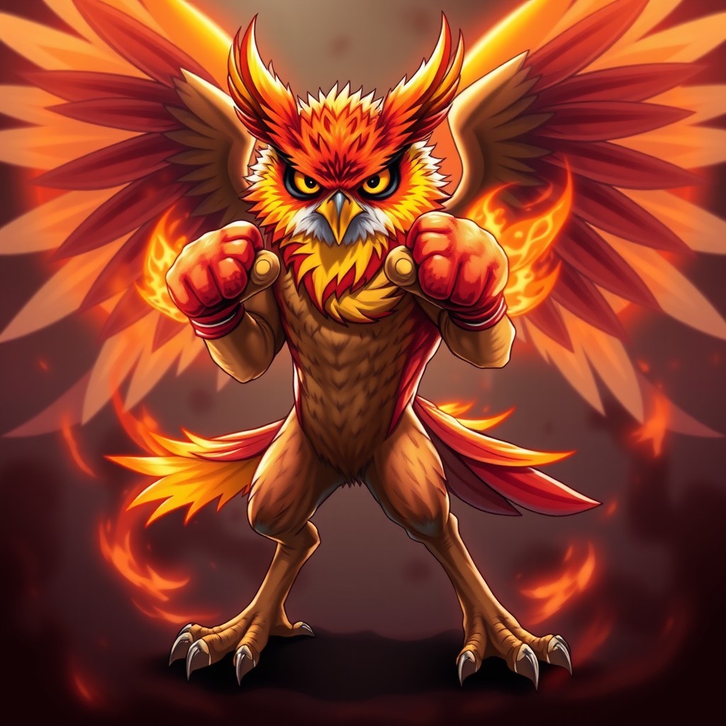 An Owlin character, showcasing powerful fist-fighting skills, adorned with vibrant Phoenix colors including fiery reds, yellows, and oranges