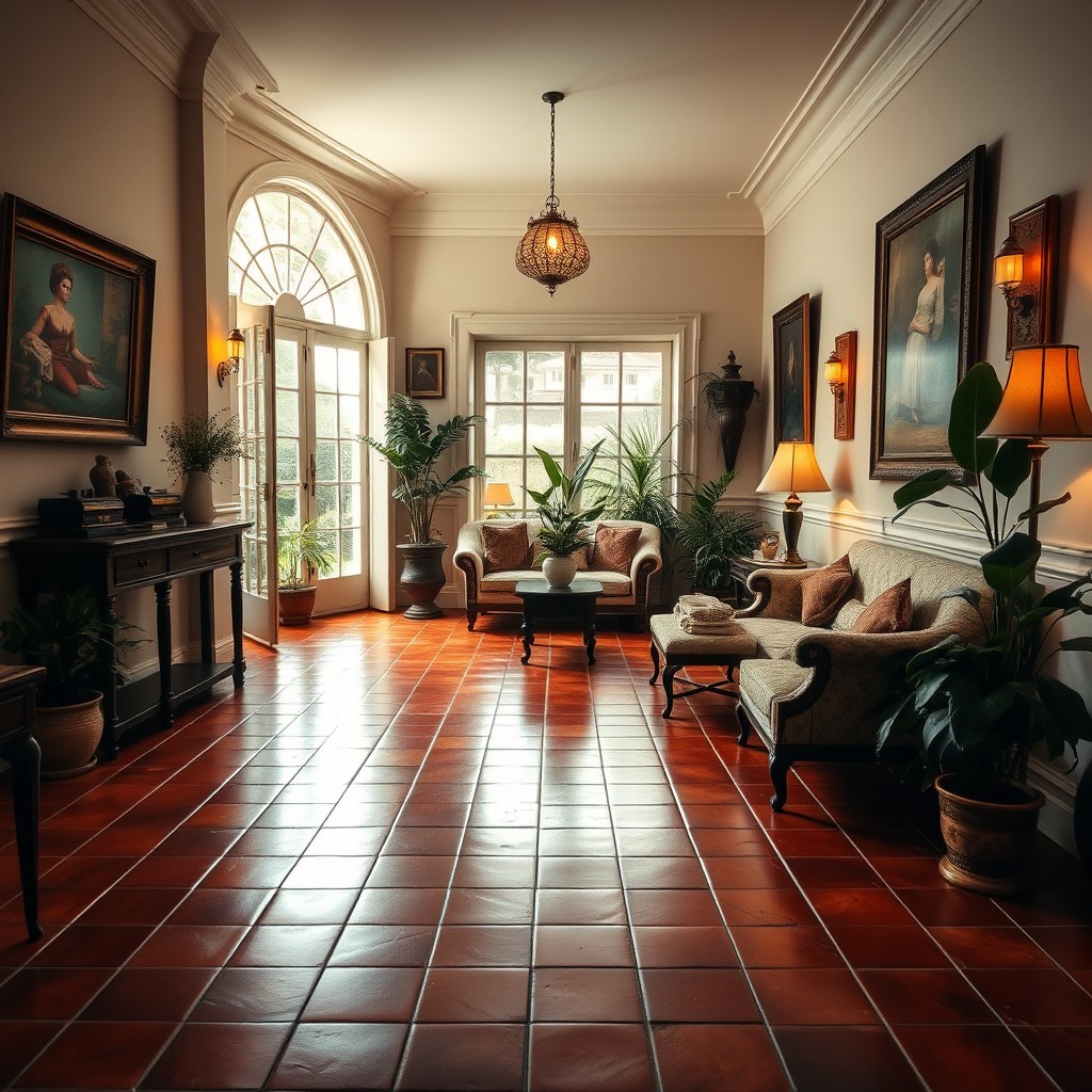 A beautifully designed indoor space featuring a stunning colonial ceramic tile floor, characterized by square red tiles