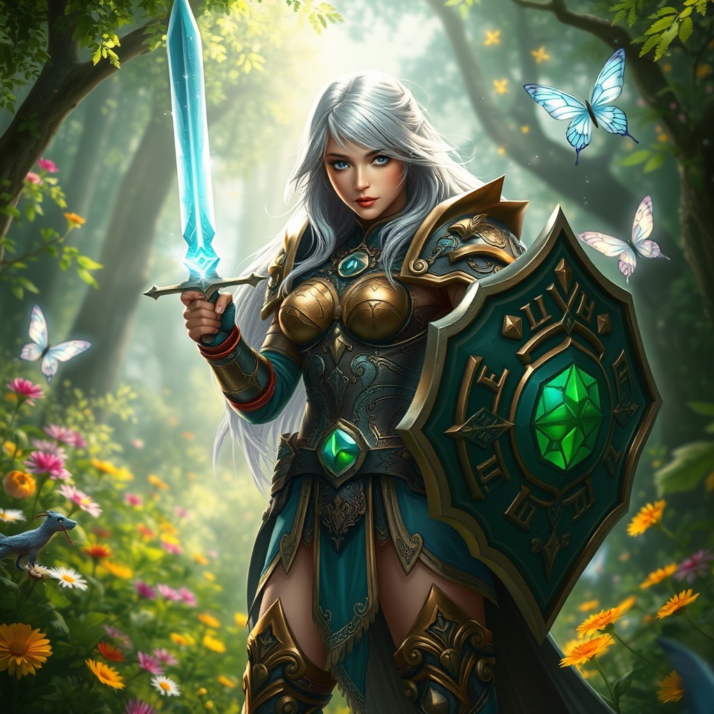 A fierce female warrior standing in the midst of a lush, enchanted forest, wearing intricately designed armor with gold and emerald accents