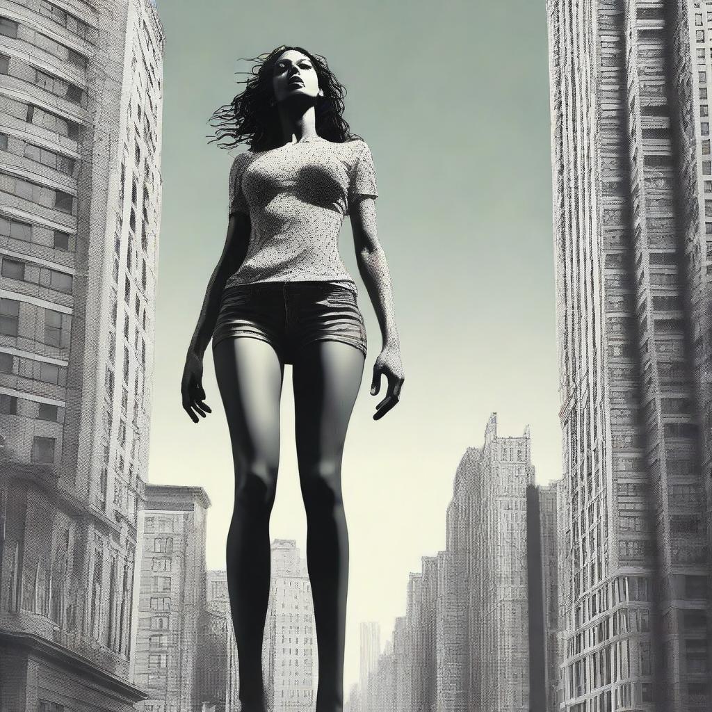 A powerful image of a towering giantess in an urban cityscape, casting a benign glance downwards at the mere specks of people moving far beneath her.