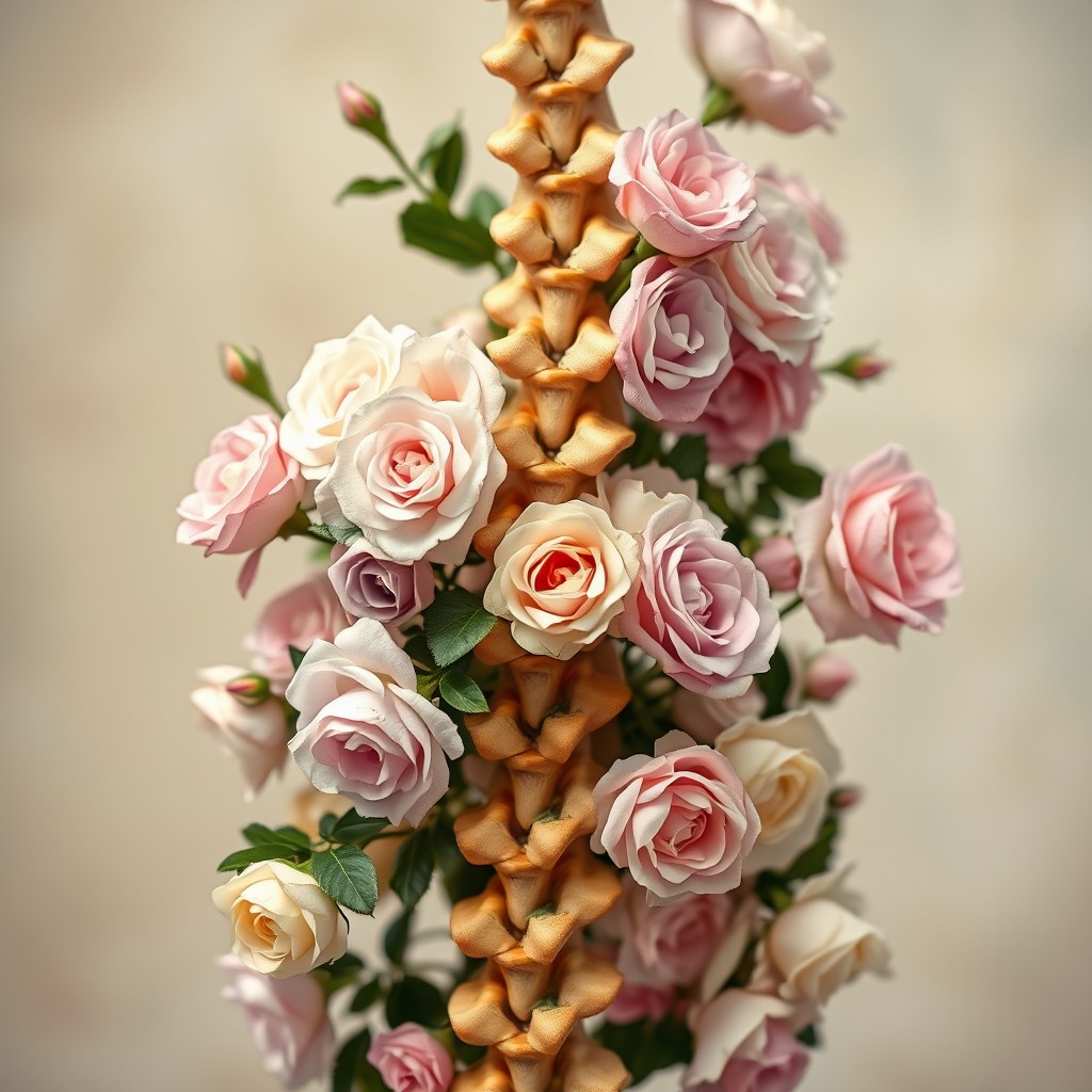 A human spine beautifully entwined with a blooming rose bush in various pastel shades, including soft pinks, light blues, pale yellows, and lavender