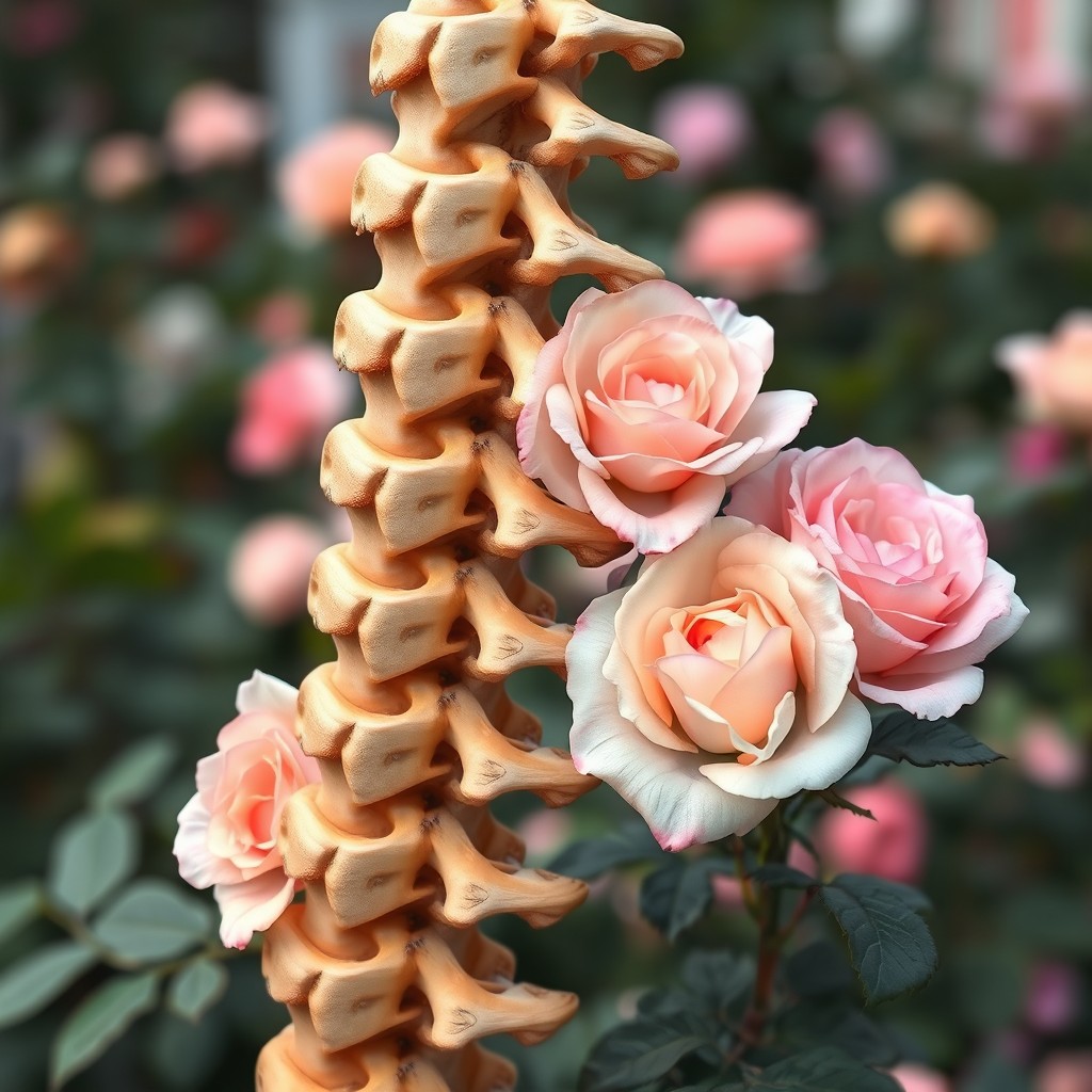 A human spine intricately detailed, surrounded by a rose bush that features a few multicolored roses in soft pastel tones