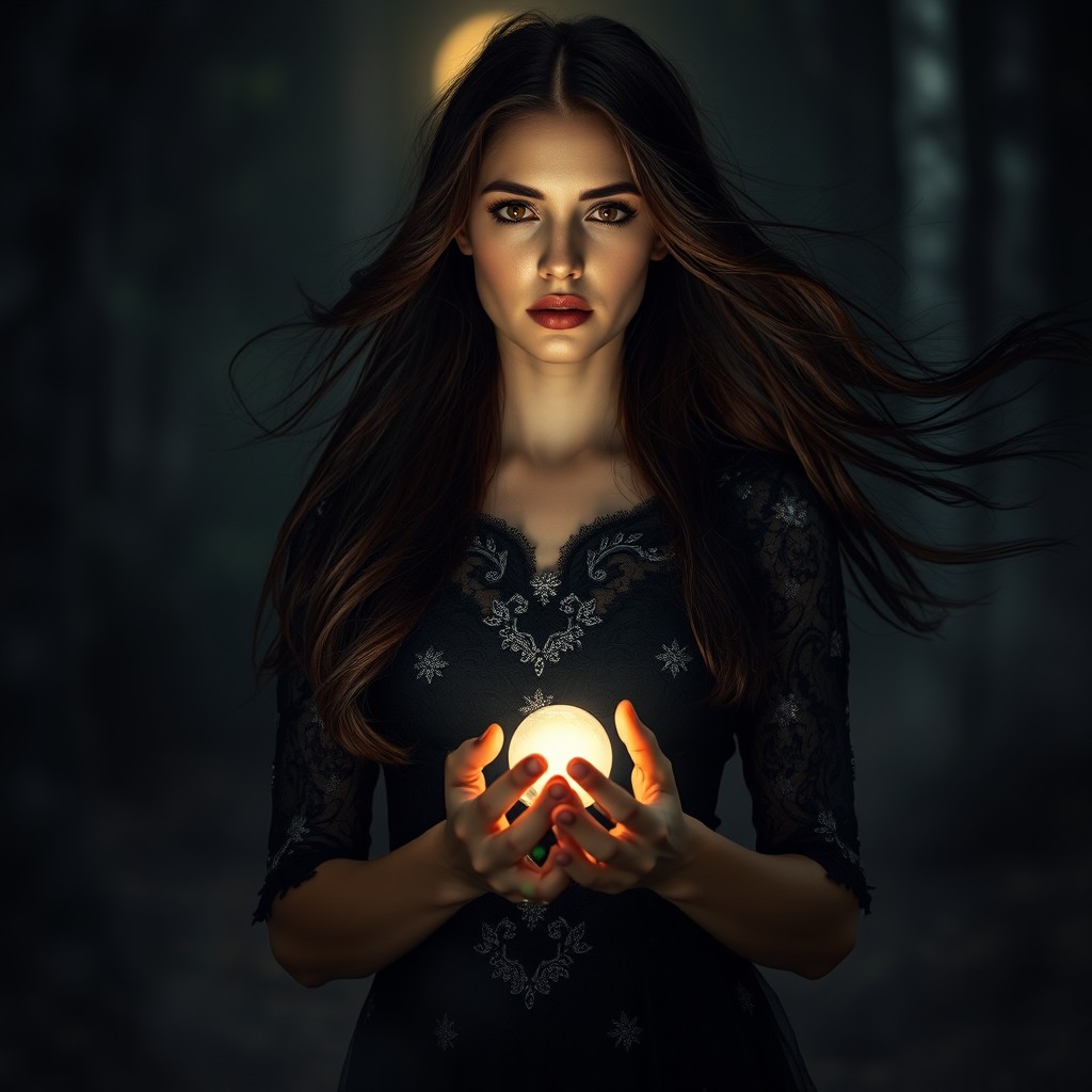 A mystical woman standing in a dark, enchanting forest, beautifully illuminated by moonlight