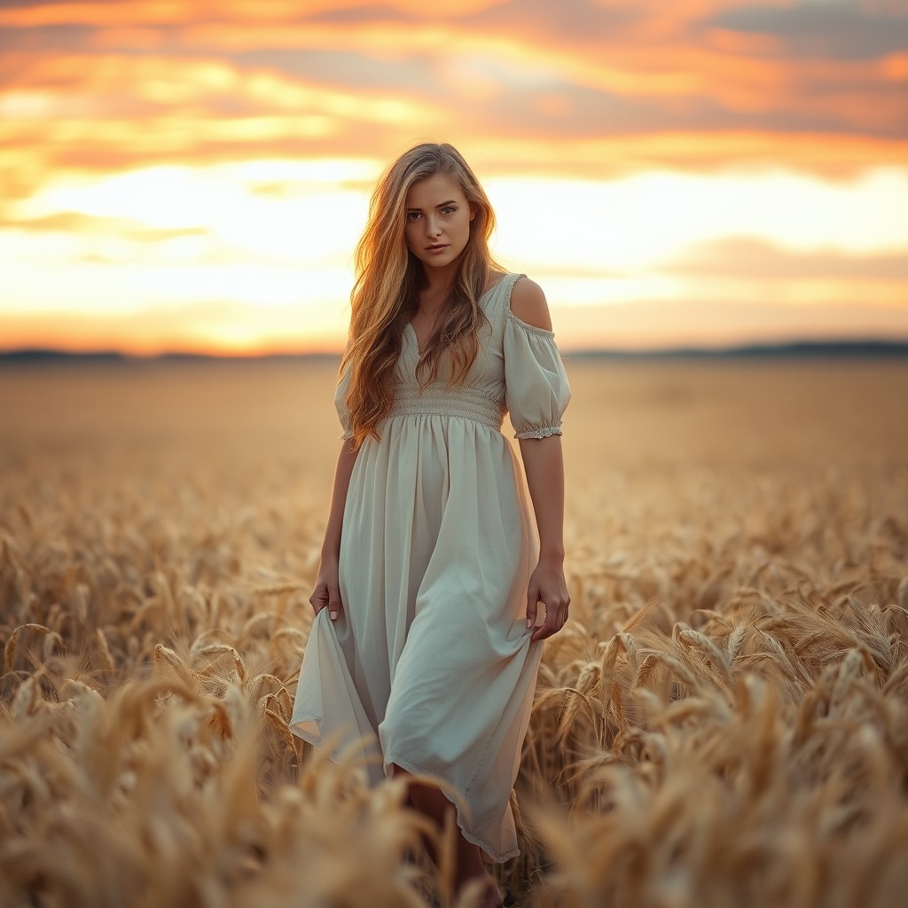 A serene and dreamy woman standing in a golden wheat field at sunset, surrounded by rippling grains that sway in the breeze