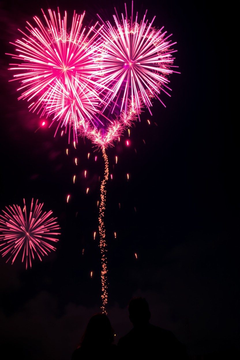 A vibrant night sky illuminated by fireworks bursting in a heart shape, creating a romantic and festive atmosphere