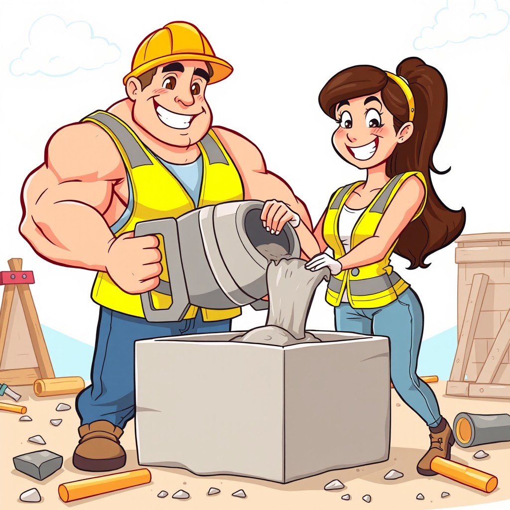 A vibrant cartoon scene depicting a man and a woman working together to pour concrete