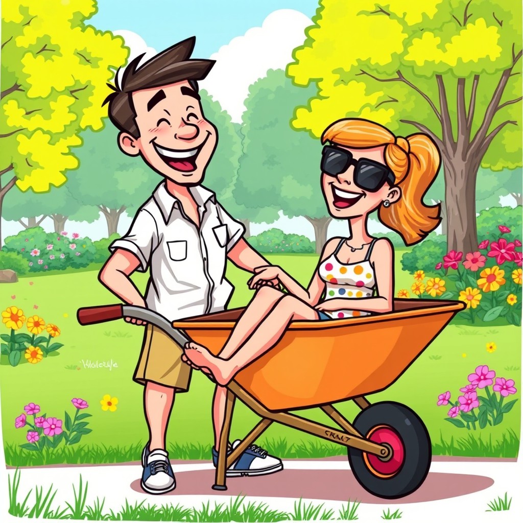 A whimsical cartoon depicting a cheerful man joyfully pushing a woman sitting comfortably in a colorful wheelbarrow
