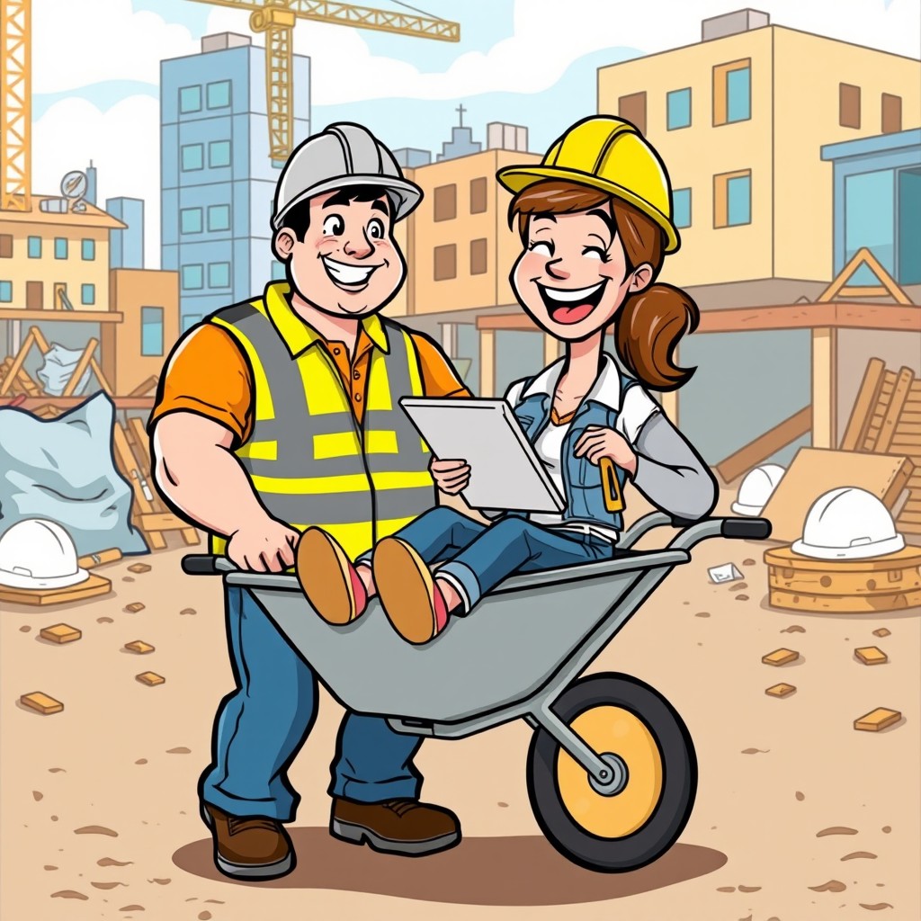 A humorous cartoon scene depicting a man cheerfully pushing a woman in a wheelbarrow at a bustling work site