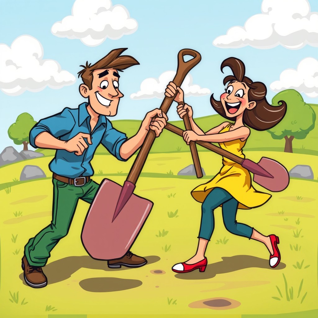 A cartoon scene depicting a man and a woman playfully fighting with shovels in a vibrant, colorful setting