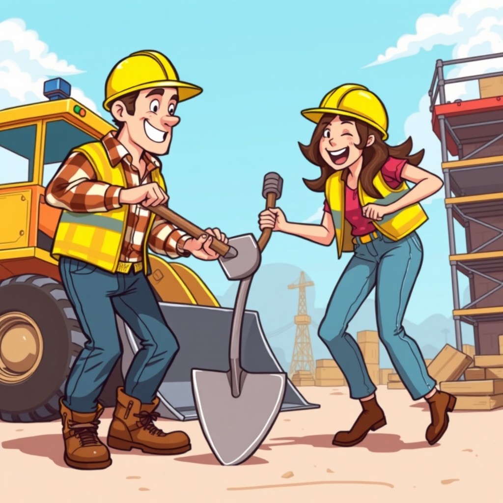 A colorful cartoon scene depicting a man and a woman engaging in a playful shovel fight at a construction worksite