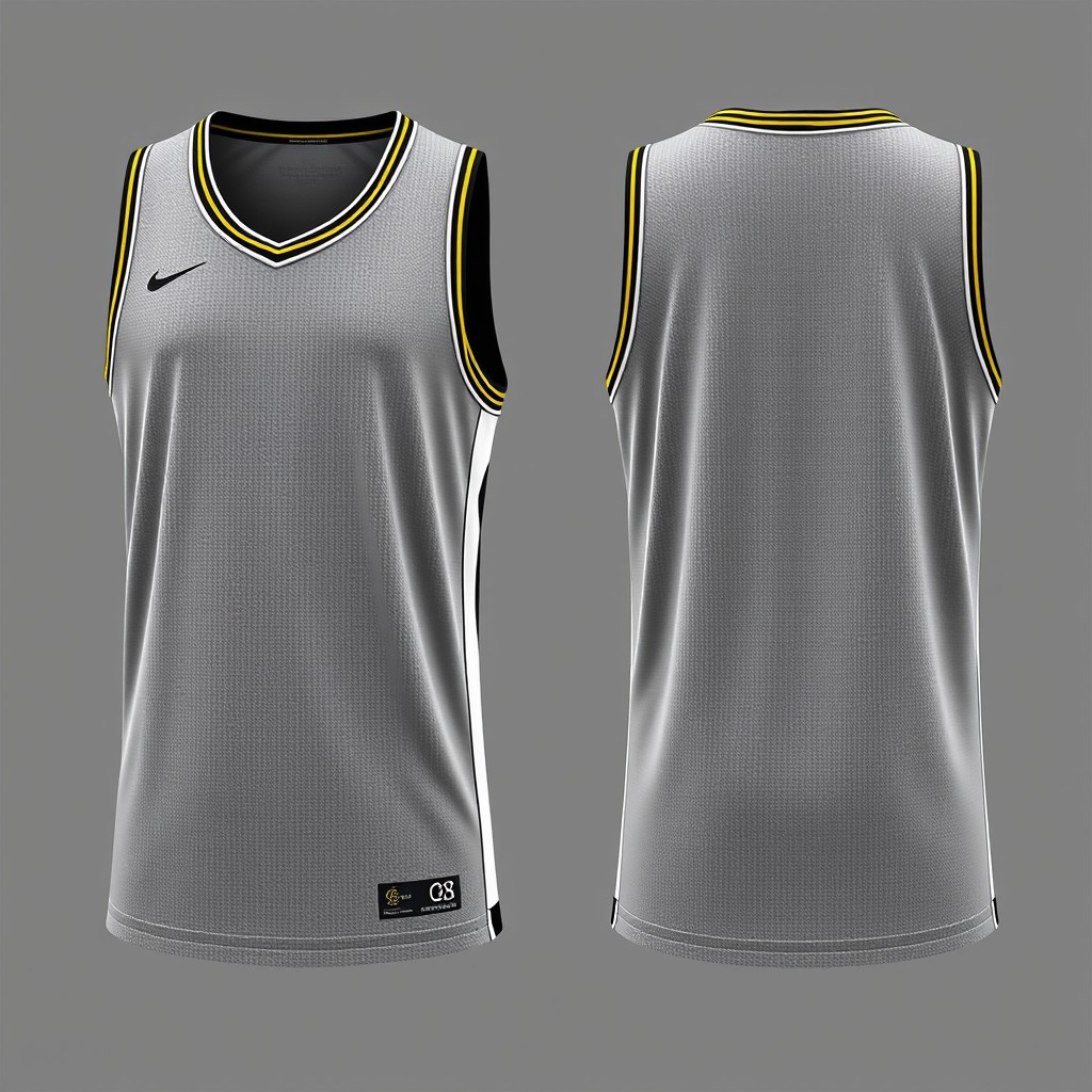A grey basketball jersey featuring black and white accents, with black and yellow stripes along the collar and sides