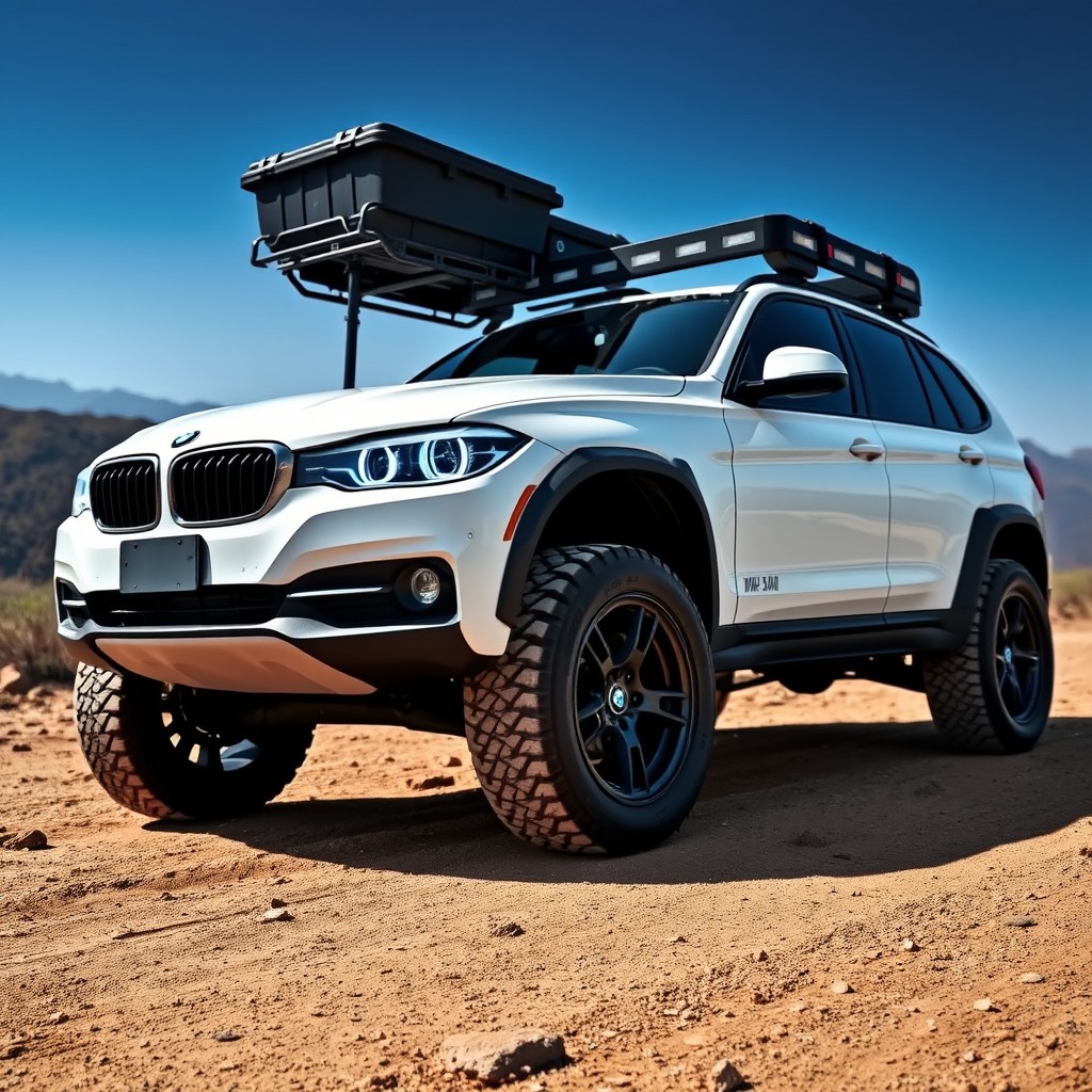 A modified white BMW 320i designed for adventure, featuring off-road tyres but with a lower ride height for stability