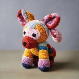 A charming and intricate hand-knitted animal, featuring a variety of textures and detail