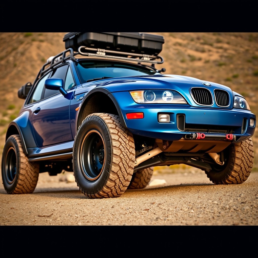 A modified blue BMW Z3 designed for adventure, featuring off-road tyres but maintaining a lower stance for better handling
