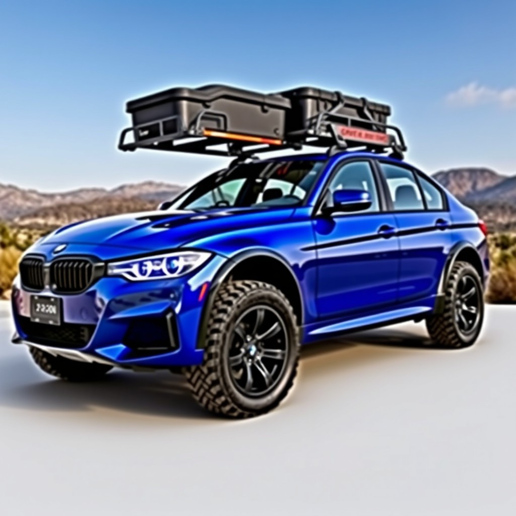 A modified blue BMW 320i sedan designed for adventure, equipped with off-road tyres while maintaining a lower ride height for enhanced performance