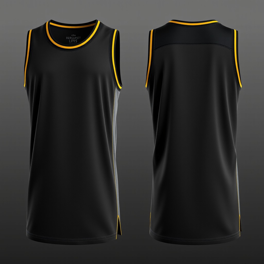 A basketball jersey featuring a sleek design in solid black with gray and yellow accents
