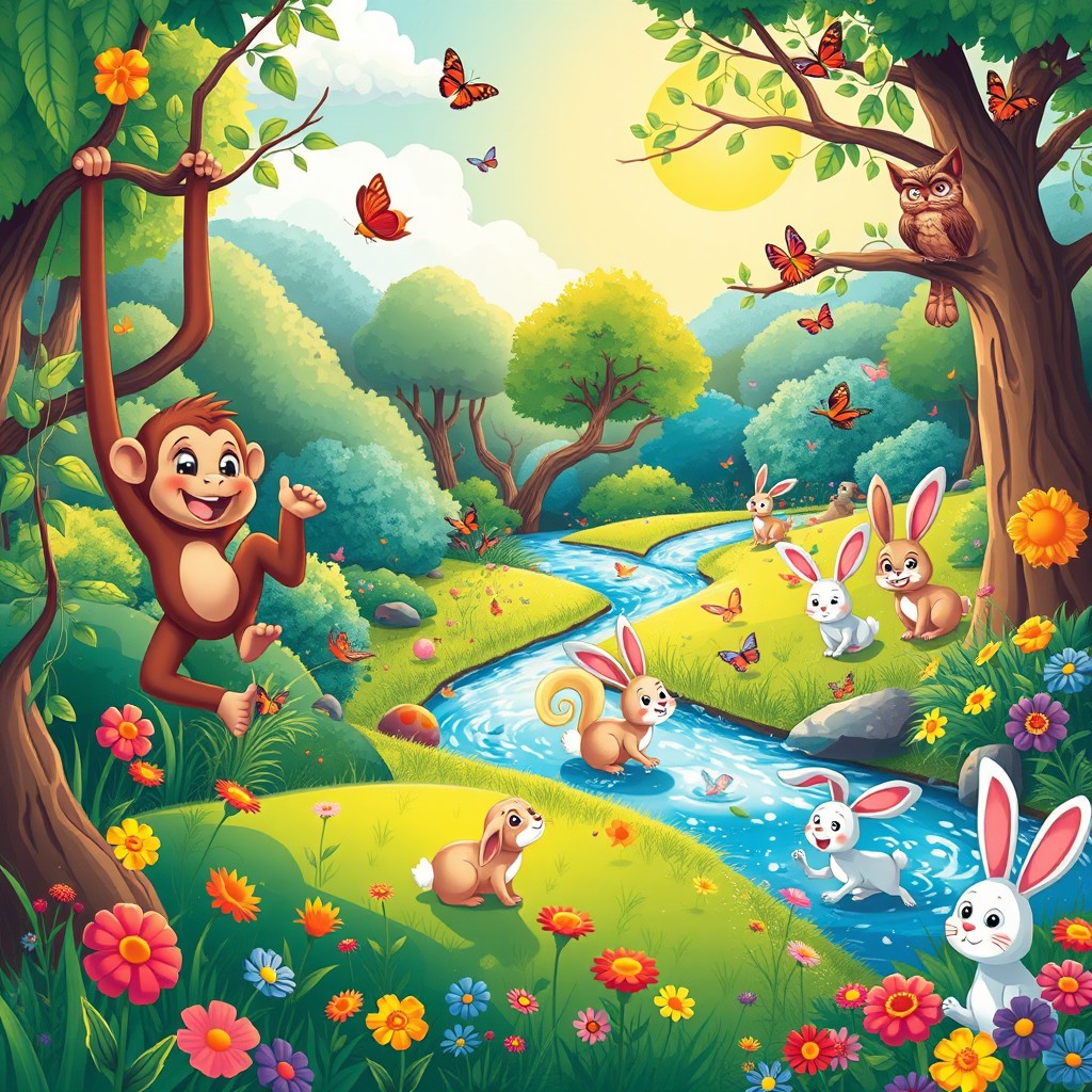 A vibrant and whimsical illustration of a colorful animal kingdom filled with playful creatures