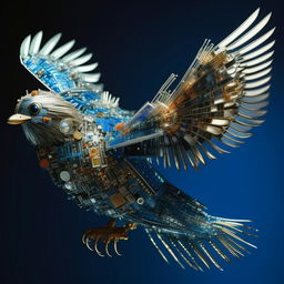 An exquisitely detailed bird made from shimmering electronic components soaring in a clear blue sky.