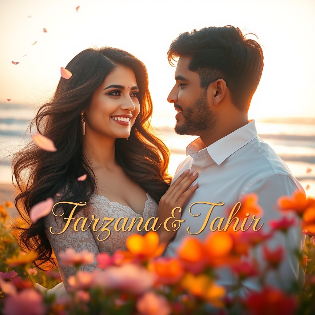 A dreamy, romantic couple portrait of Farzana and Tahir bathed in soft golden sunlight