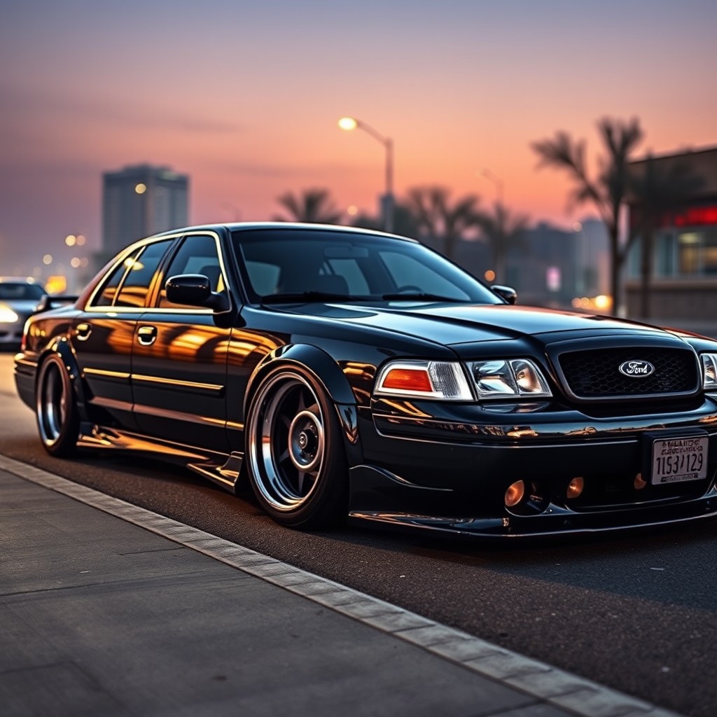 A stunningly detailed artistic representation of a 2004 Ford Crown Victoria in widebody style