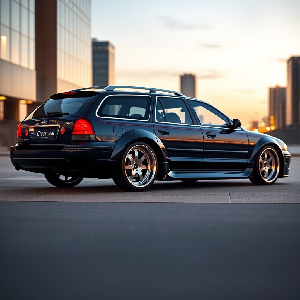 An imaginative redesign of a 2004 Ford Crown Victoria transformed into a two-door hatchback wagon with a widebody kit