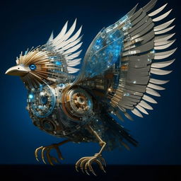 An exquisitely detailed bird made from shimmering electronic components soaring in a clear blue sky.