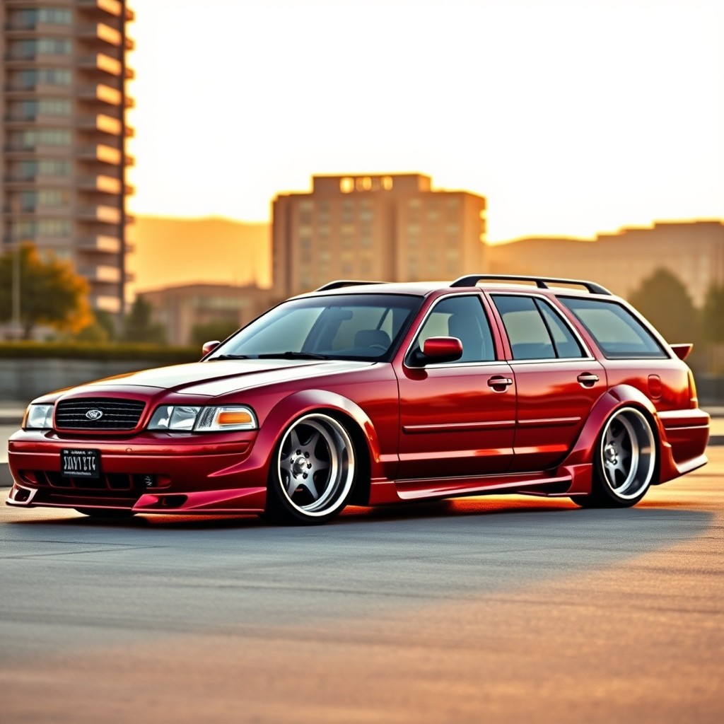 A creative rendering of a 2004 Ford Crown Victoria transformed into a two-door wagon featuring a widebody kit