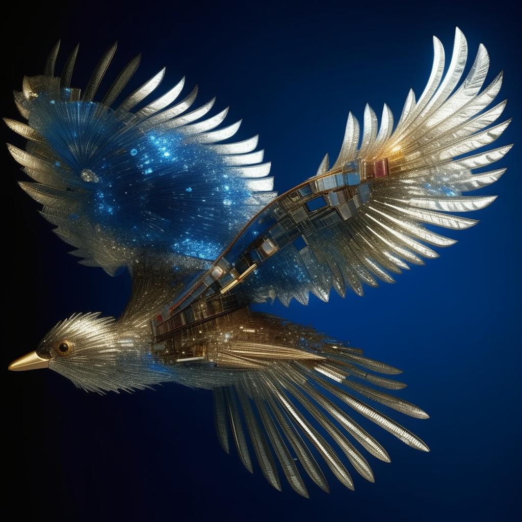 An exquisitely detailed bird made from shimmering electronic components soaring in a clear blue sky.