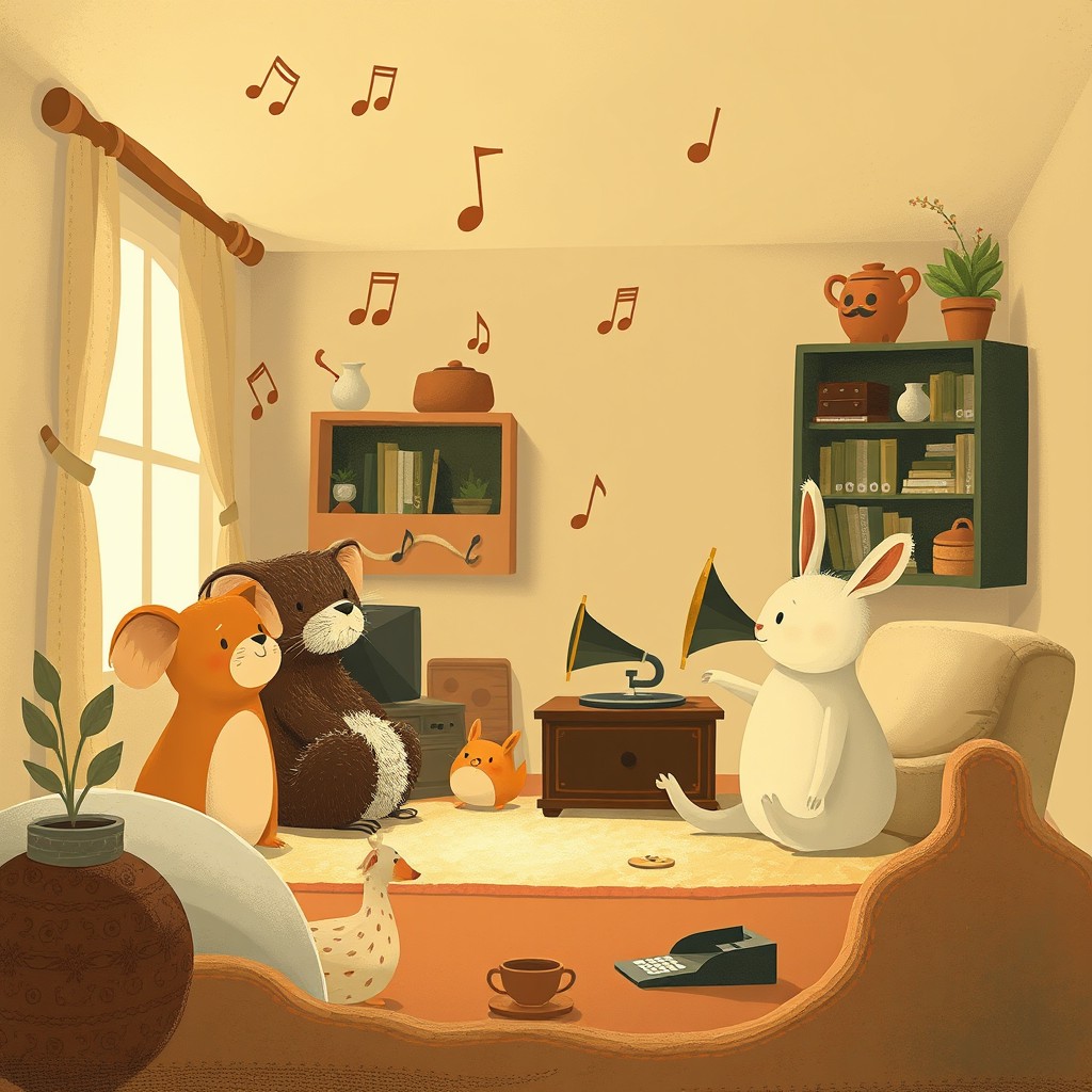 A whimsical and imaginative illustration inspired by the style of Jon Klassen, capturing the concept of 'hearing' in a playful way