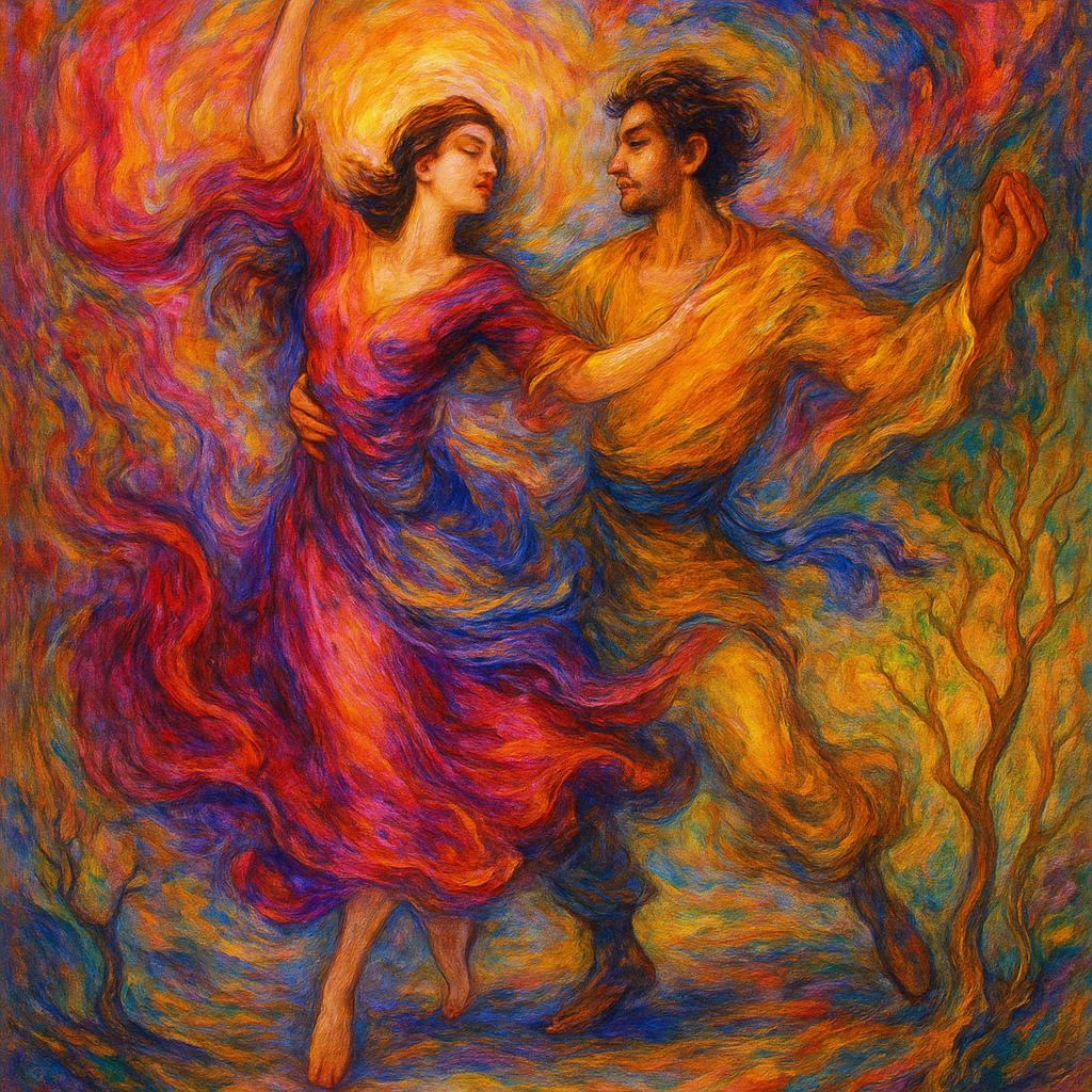 Dancers surrounded by swirling, vibrant colors—rich reds, purples, pinks, yellows, blues, and greens—that evoke a sense of movement and light. The style is reminiscent of Persian miniature painting, with a painterly, expressive quality.
The figures appear in the middle of the action, their bodies contracted in fluid motion. The background features swirling clouds and stylized winding trees, the composition is balanced, and the figures are not exactly centered, but interact in the central space. The overall perspective is almost like floating above or within the stage.
The lighting is striking, highlighting the faces and vibrant colors. The artwork is expressive and evocative of nature and human emotions.