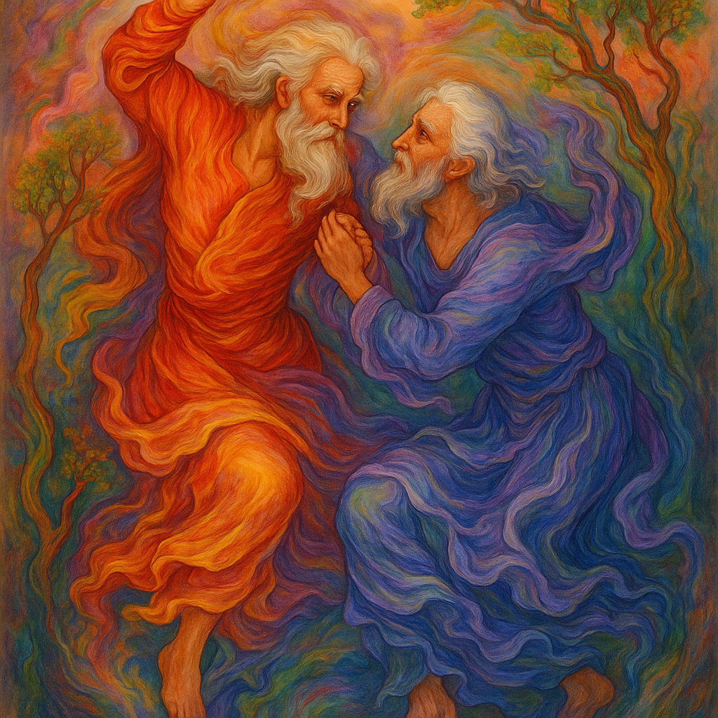 Dancers surrounded by swirling, vibrant colors—rich reds, purples, pinks, yellows, blues, and greens—that evoke a sense of movement and light. The style is reminiscent of Persian miniature painting, with a painterly, expressive quality.
The figures appear in the middle of the action, their bodies contracted in fluid motion. The background features swirling clouds and stylized winding trees, the composition is balanced, and the figures are not exactly centered, but interact in the central space. The overall perspective is almost like floating above or within the stage.
The lighting is striking, highlighting the faces and vibrant colors. The artwork is expressive and evocative of nature and human emotions.