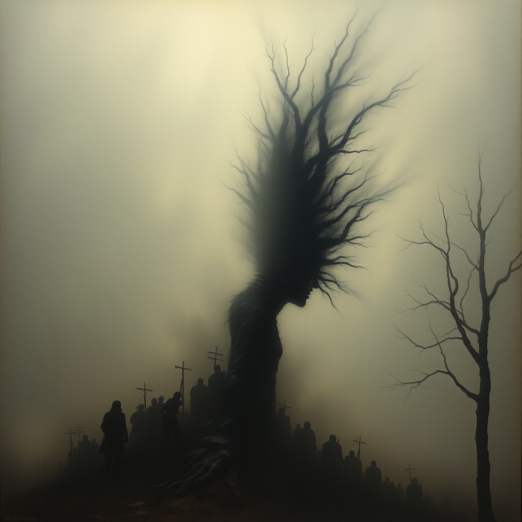 A symbolic painting featuring a person half-consumed by darkness, situated within a foggy dystopian landscape