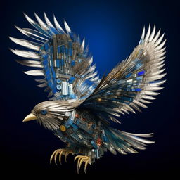 An exquisitely detailed bird made from shimmering electronic components soaring in a clear blue sky.