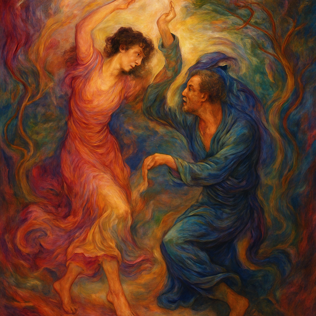 Dancers surrounded by swirling, vibrant colors—rich reds, purples, pinks, yellows, blues, and greens—that evoke a sense of movement and light. The style is reminiscent of Persian miniature painting, with a painterly, expressive quality.
The figures appear in the middle of the action, their bodies contracted in fluid motion. The background features swirling clouds and stylized winding trees, the composition is balanced, and the figures are not exactly centered, but interact in the central space. The overall perspective is almost like floating above or within the stage.
The lighting is striking, highlighting the faces and vibrant colors. The artwork is expressive and evocative of nature and human emotions.