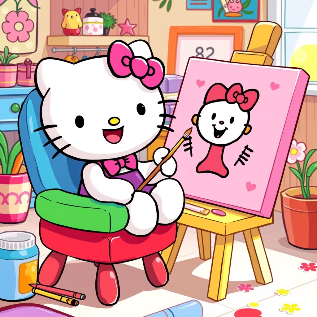 Hello Kitty sitting on a colorful chair, joyfully painting a whimsical portrait of a friendly cartoon character named Bob Goodes