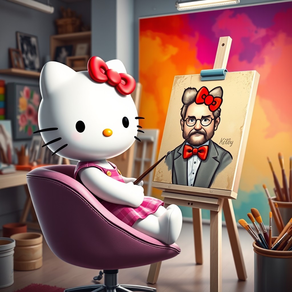A realistic depiction of Hello Kitty, portrayed as a cute character with her iconic features, sitting on a stylish chair in a bright, modern art studio
