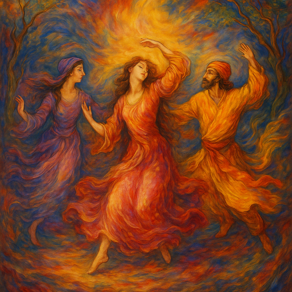Dancers surrounded by swirling, vibrant colors—rich reds, purples, pinks, yellows, blues, and greens—that evoke a sense of movement and light. The style is reminiscent of Persian miniature painting, with a painterly, expressive quality.
The figures appear in the middle of the action, their bodies contracted in fluid motion. The background features swirling clouds and stylized winding trees, the composition is balanced, and the figures are not exactly centered, but interact in the central space. The overall perspective is almost like floating above or within the stage.
The lighting is striking, highlighting the faces and vibrant colors. The artwork is expressive and evocative of nature and human emotions.