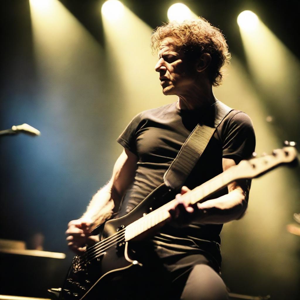 Jason Newsted, former Metallica bassist, passionately playing his bass guitar on a dramatically lit stage