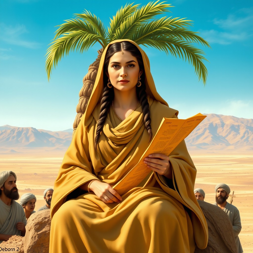 A portrait of Debora, the biblical judge from Israel, depicted as a strong and wise woman in traditional ancient attire