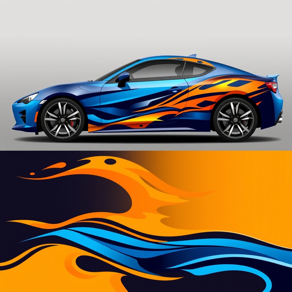 A vibrant and eye-catching car body sticker decal design, featuring a dynamic geometric pattern with sharp angles and flowing curves