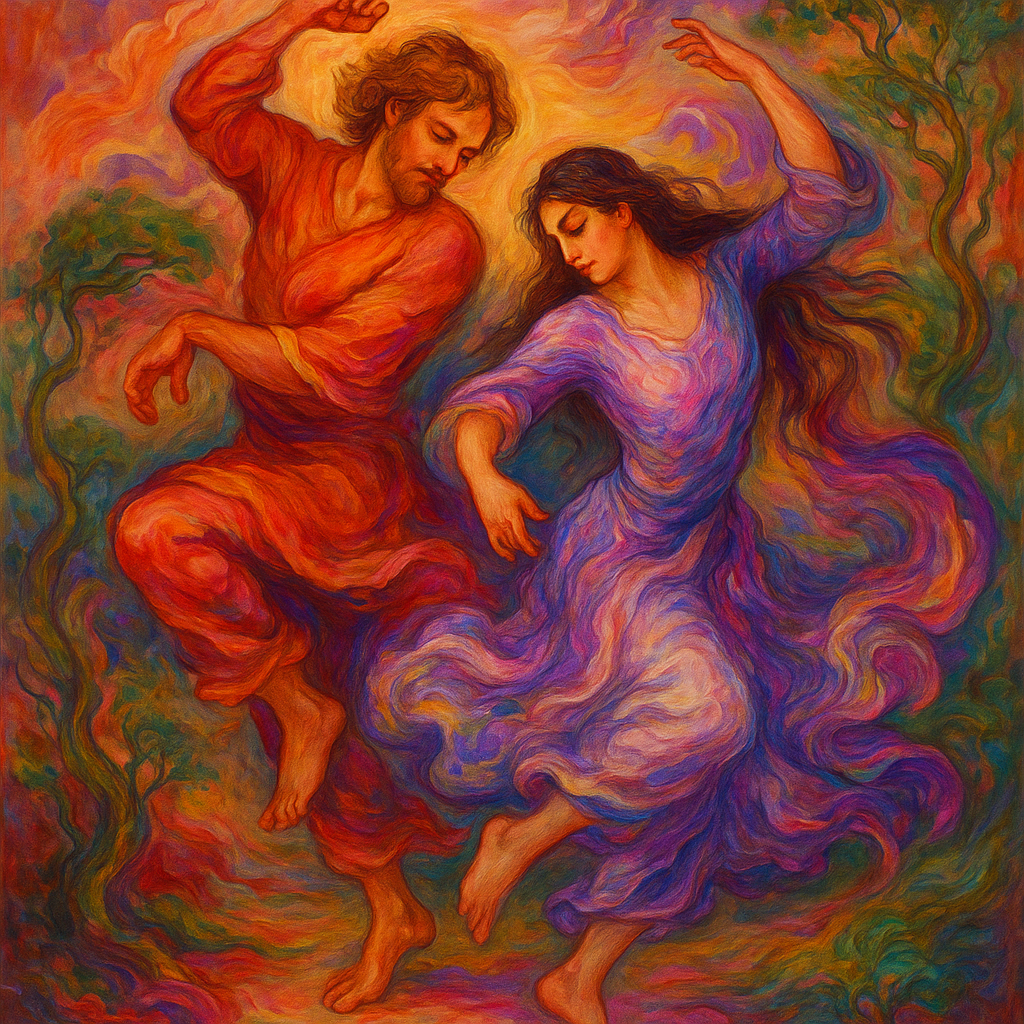 Dancers surrounded by swirling, vibrant colors—rich reds, purples, pinks, yellows, blues, and greens—that evoke a sense of movement and light. The style is reminiscent of Persian miniature painting, with a painterly, expressive quality.
The figures appear in the middle of the action, their bodies contracted in fluid motion. The background features swirling clouds and stylized winding trees, the composition is balanced, and the figures are not exactly centered, but interact in the central space. The overall perspective is almost like floating above or within the stage.
The lighting is striking, highlighting the faces and vibrant colors. The artwork is expressive and evocative of nature and human emotions.