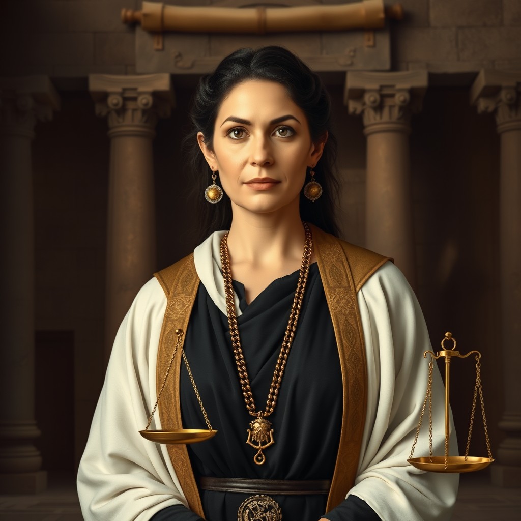 An authoritative and dignified portrait of a woman in a judicial robe, representing Debora, a judge in ancient Israel