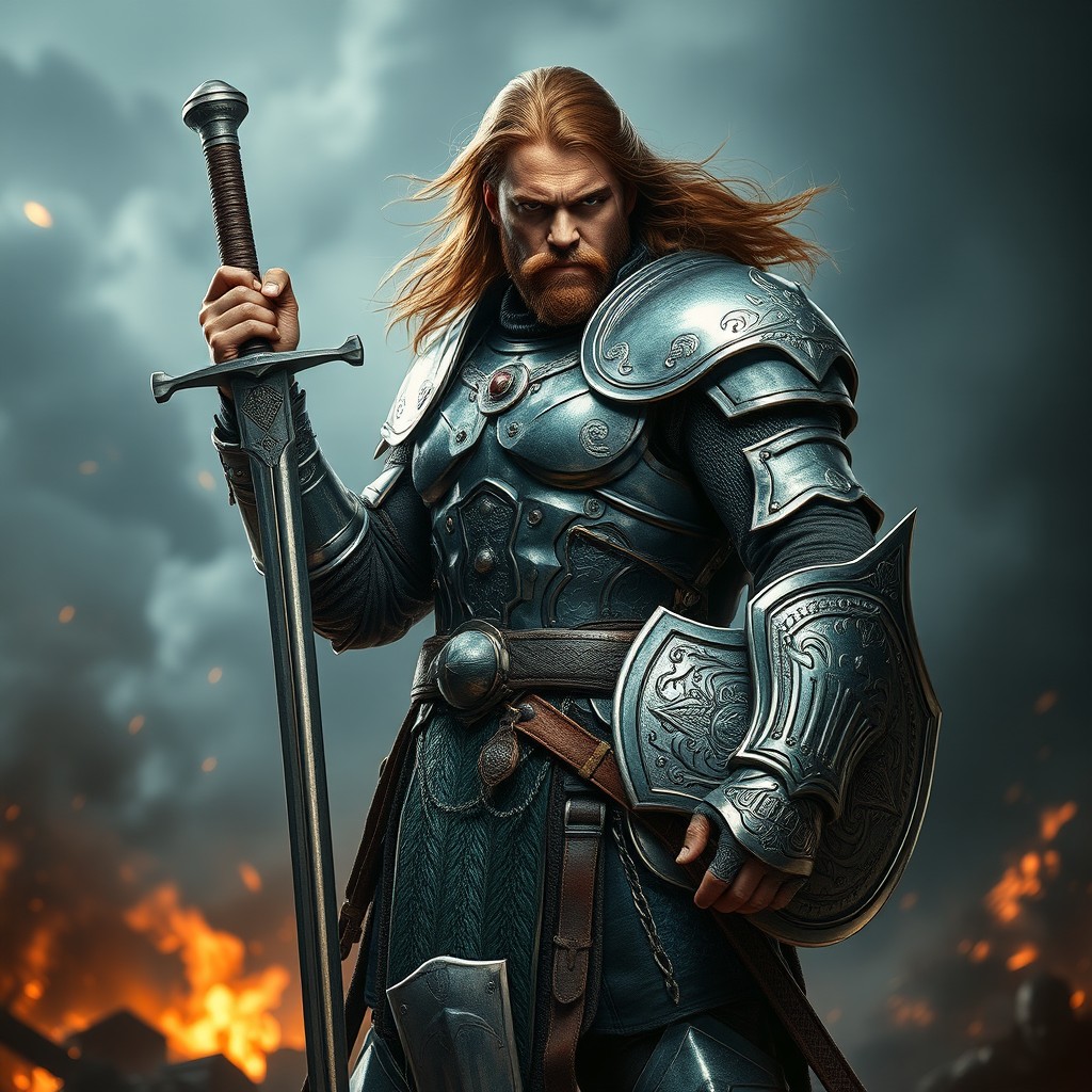 A fierce warrior standing tall with a majestic sword and armor, battle-ready pose