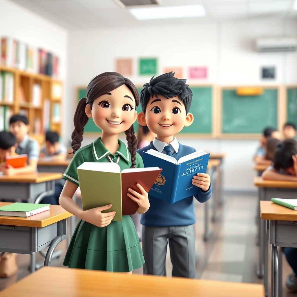 A 3D image of school students in a classroom setting, featuring a girl in a green uniform and a boy in a blue uniform, both with Asian faces
