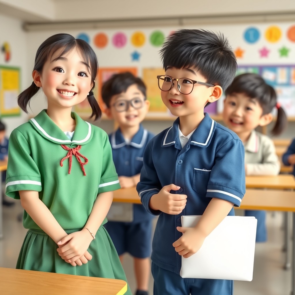 A 3D photo of two Asian schoolchildren in a school setting