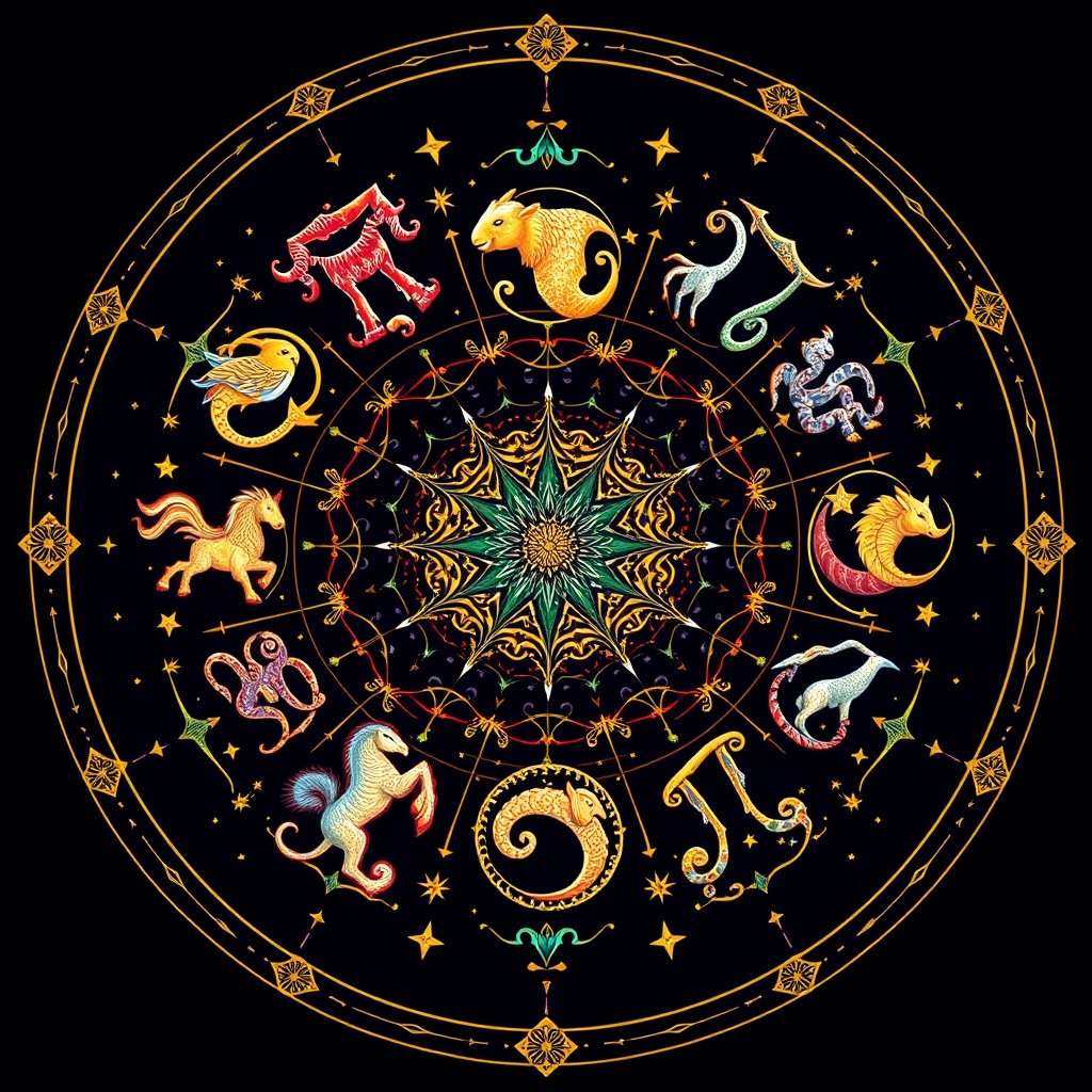 A captivating and colorful representation of the 'Zodiac', featuring all twelve astrological symbols in a circular arrangement