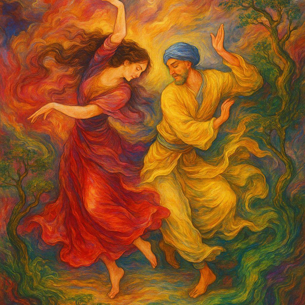 Dancers surrounded by swirling, vibrant colors—rich reds, purples, pinks, yellows, blues, and greens—that evoke a sense of movement and light. The style is reminiscent of Persian miniature painting, with a painterly, expressive quality.
The figures appear in the middle of the action, their bodies contracted in fluid motion. The background features swirling clouds and stylized winding trees, the composition is balanced, and the figures are not exactly centered, but interact in the central space. The overall perspective is almost like floating above or within the stage.
The lighting is striking, highlighting the faces and vibrant colors. The artwork is expressive and evocative of nature and human emotions.